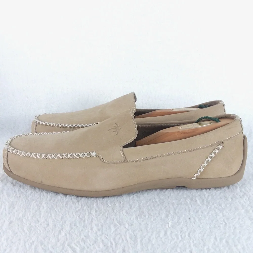Margaritaville Venice Mens 10 Loafer Shoes Tan Suede Palm Tree Logo Boat Coastal